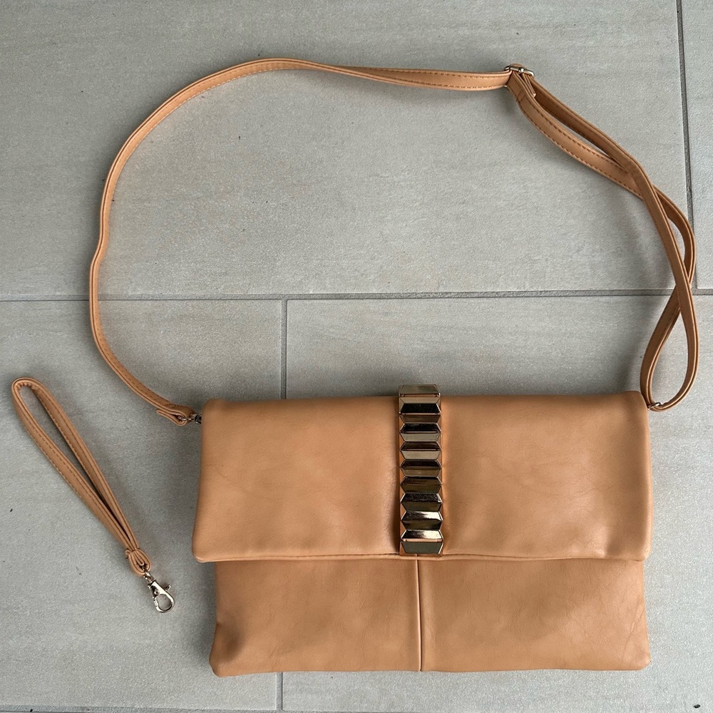 Tan Clutch with Fold-Over Flap and Metal Accent